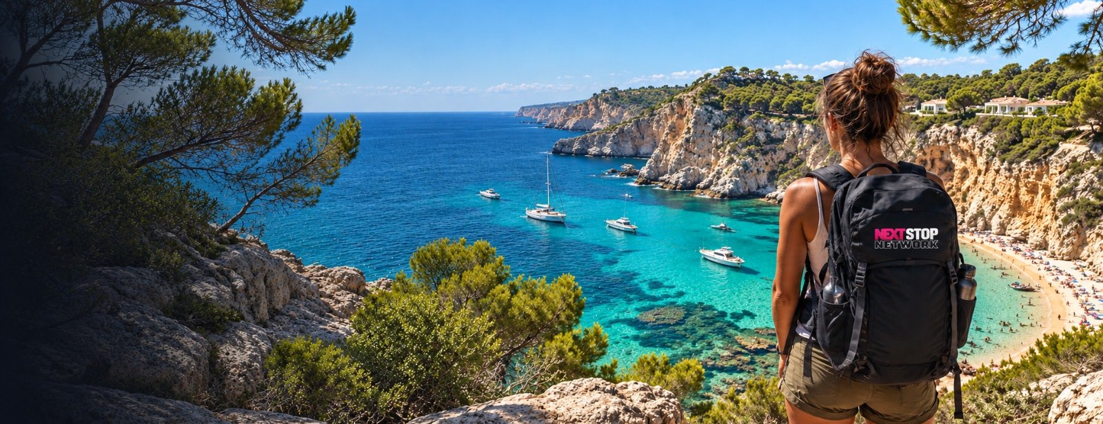A backpacker with a NEXT STOP Network pack looking out over a turquoise Spanish cove