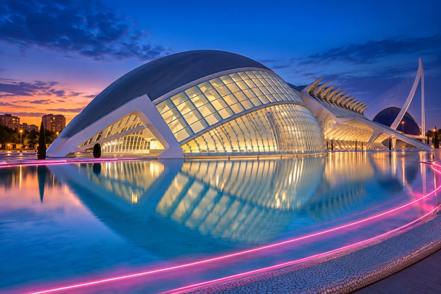 The City of Arts and Sciences in Valencia at blue hour, lit up and reflected in the water with pink light trails running past